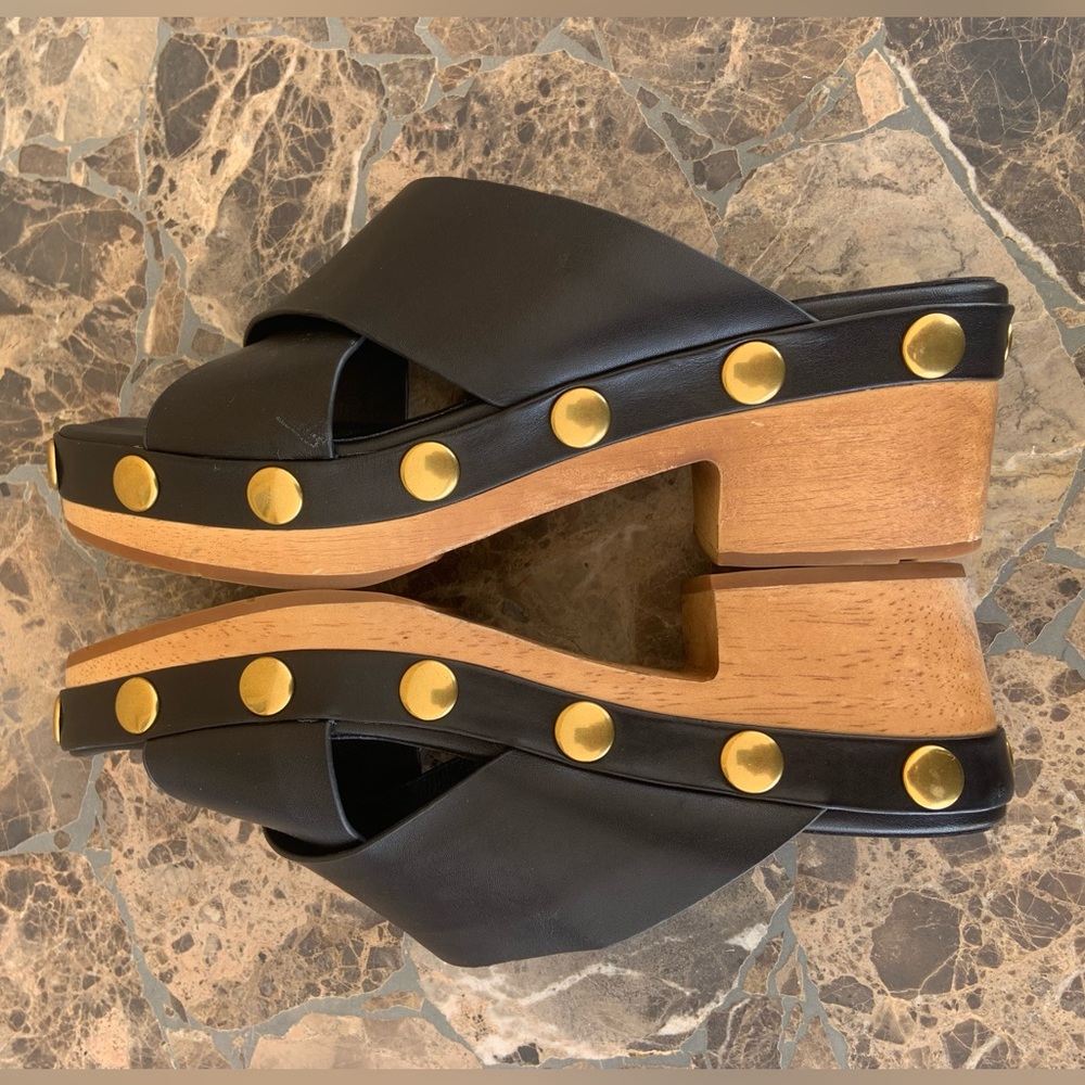 Charlotte Stone Black Leather Wooden Clog Platform Heel Sandal - Picture 6 of 12
